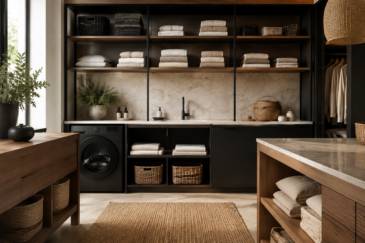Collection Linge Velkyn — rangement noir et bois