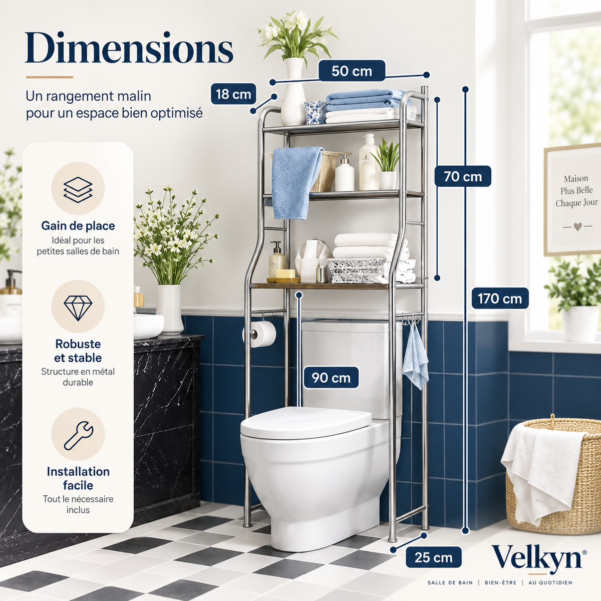 Étagère WC – 3 niveaux, métal