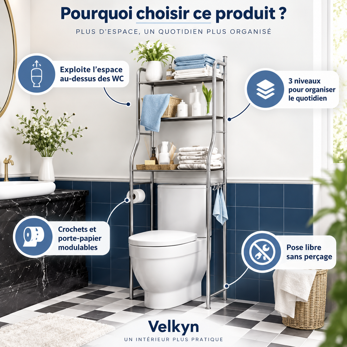 Étagère WC – 3 niveaux, métal