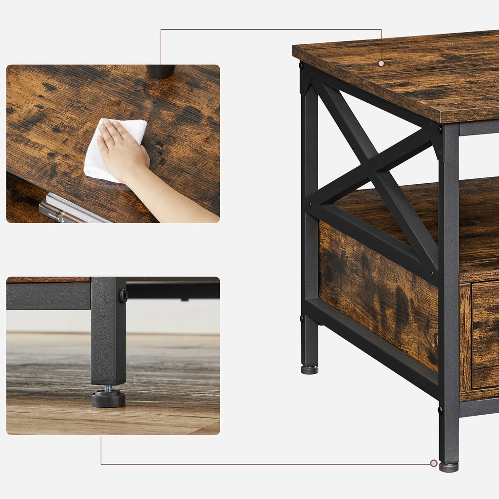 Table basse avec 2 tiroirs – Bois brun & métal noir