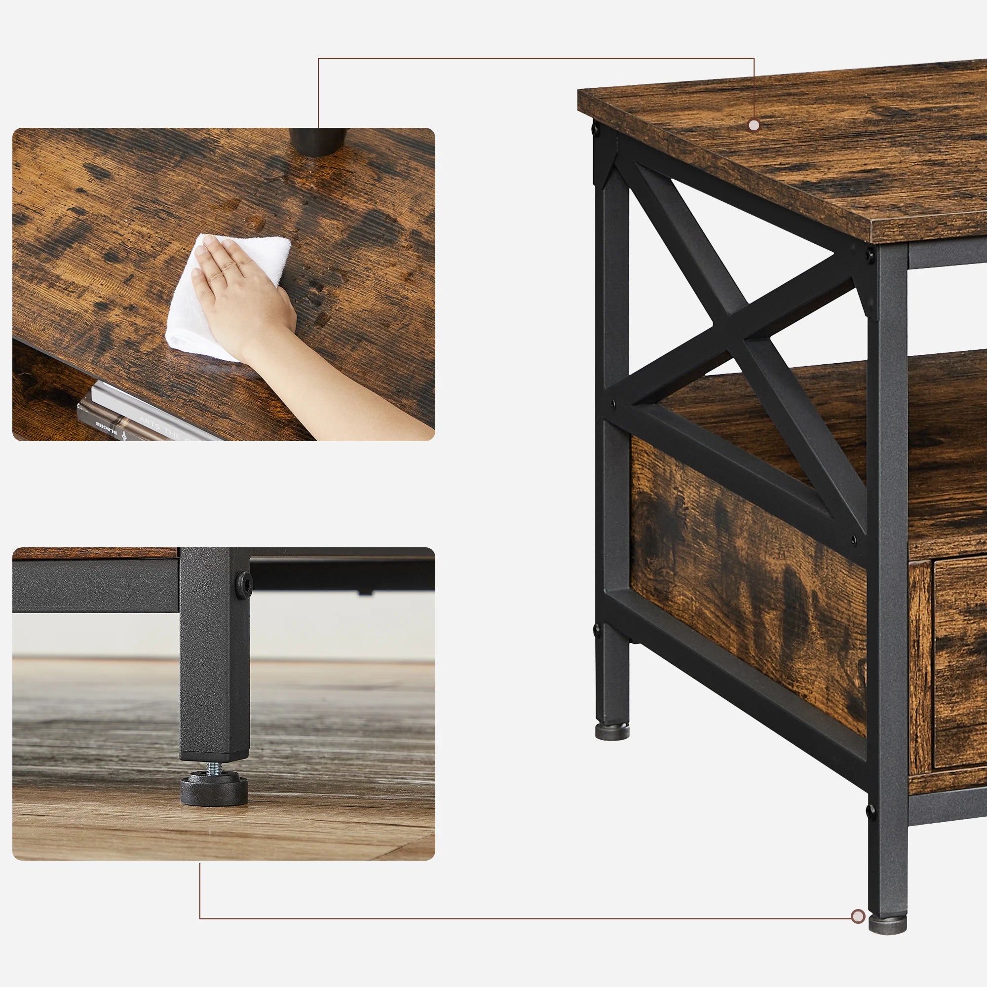 Table basse avec 2 tiroirs – Bois brun & métal noir