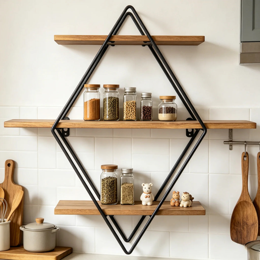 Étagère murale Diamant – Bois et métal noir – vue produit 3