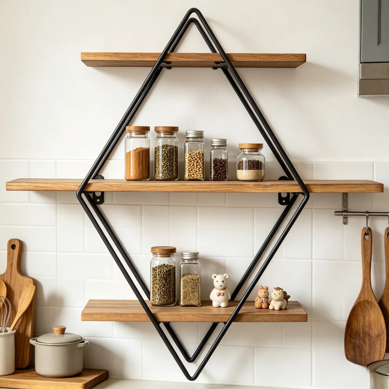 Étagère murale Diamant – Bois et métal noir – vue produit 3