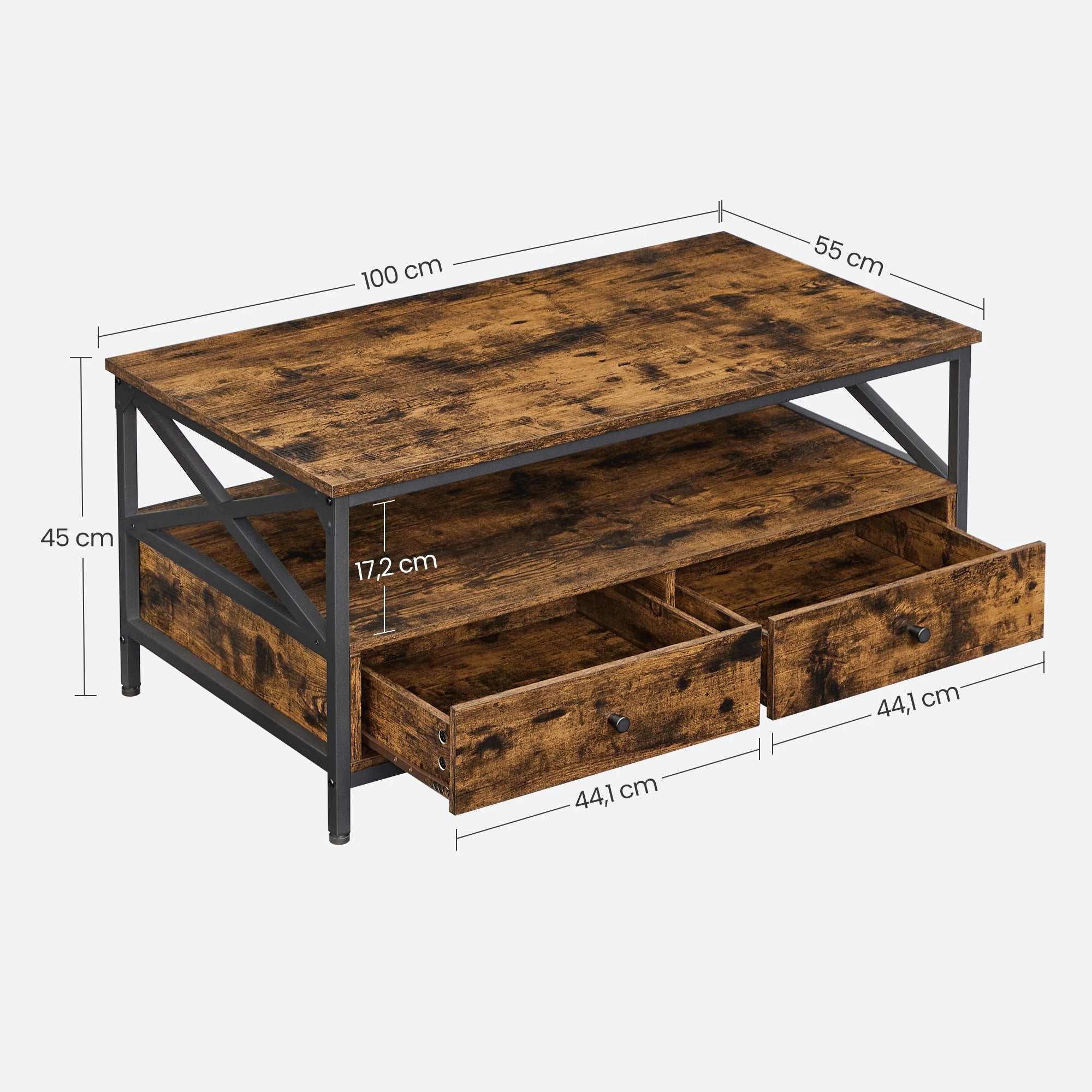 Table basse avec 2 tiroirs – Bois brun & métal noir