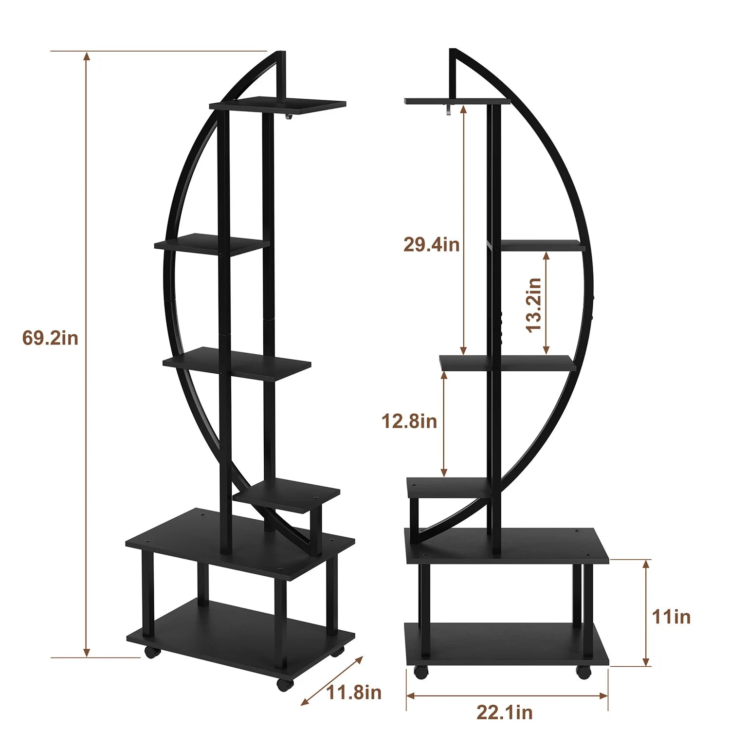 Étagère demi-lune pour plantes – 6 niveaux sur roulettes – vue produit 6