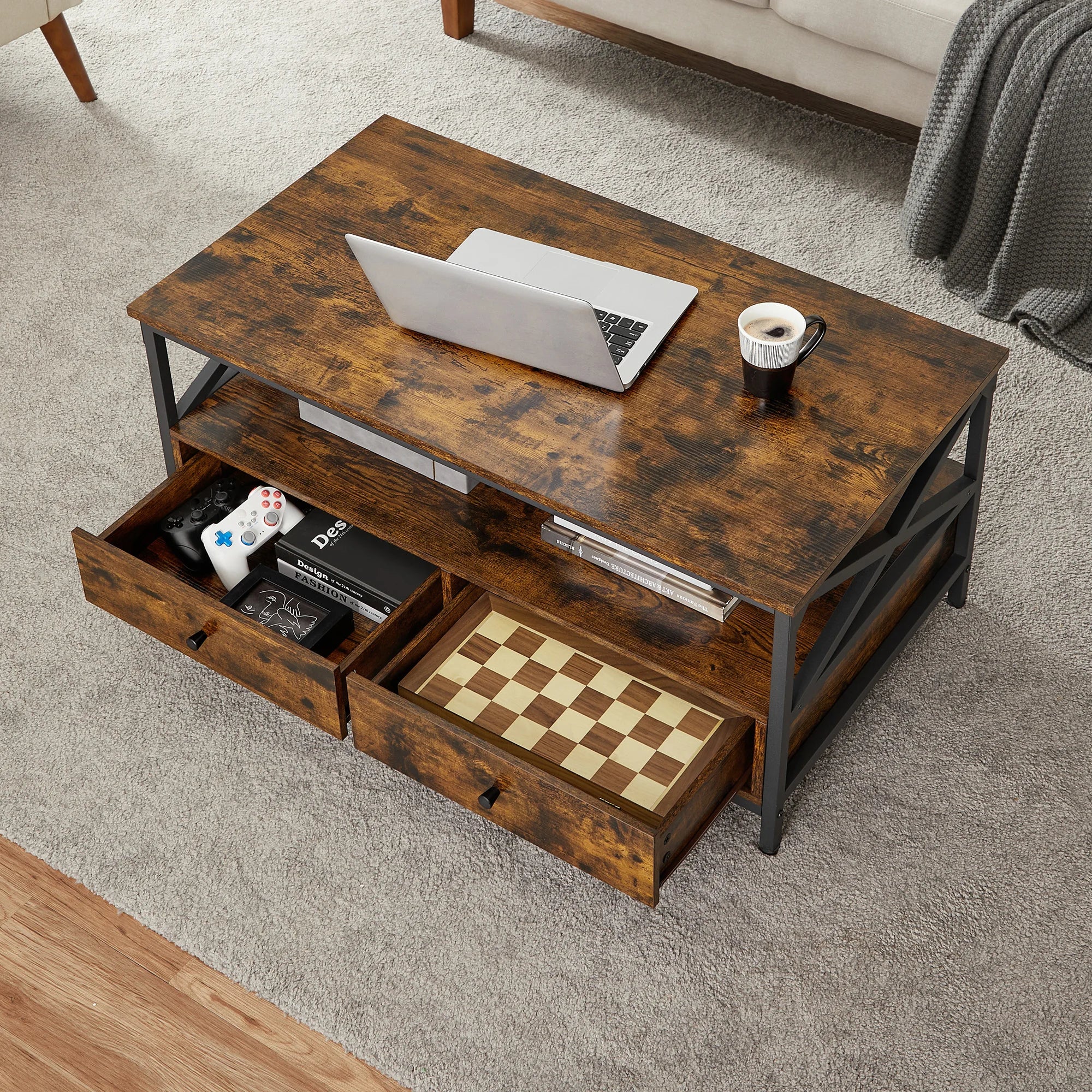 Table basse avec 2 tiroirs – Bois brun & métal noir