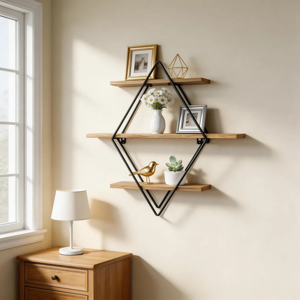 Étagère murale Diamant – Bois et métal noir – vue produit 9