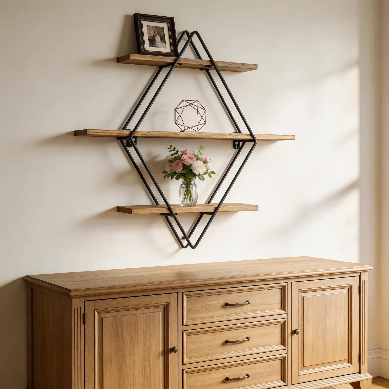 Étagère murale Diamant – Bois et métal noir – vue produit 4