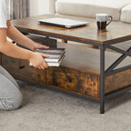 Table basse avec 2 tiroirs – Bois brun & métal noir