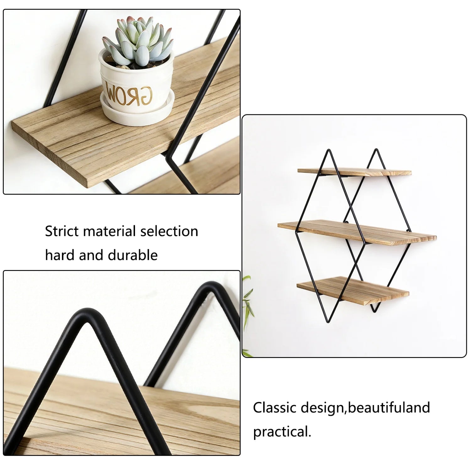Étagère murale Diamant – Bois et métal noir – vue produit 6