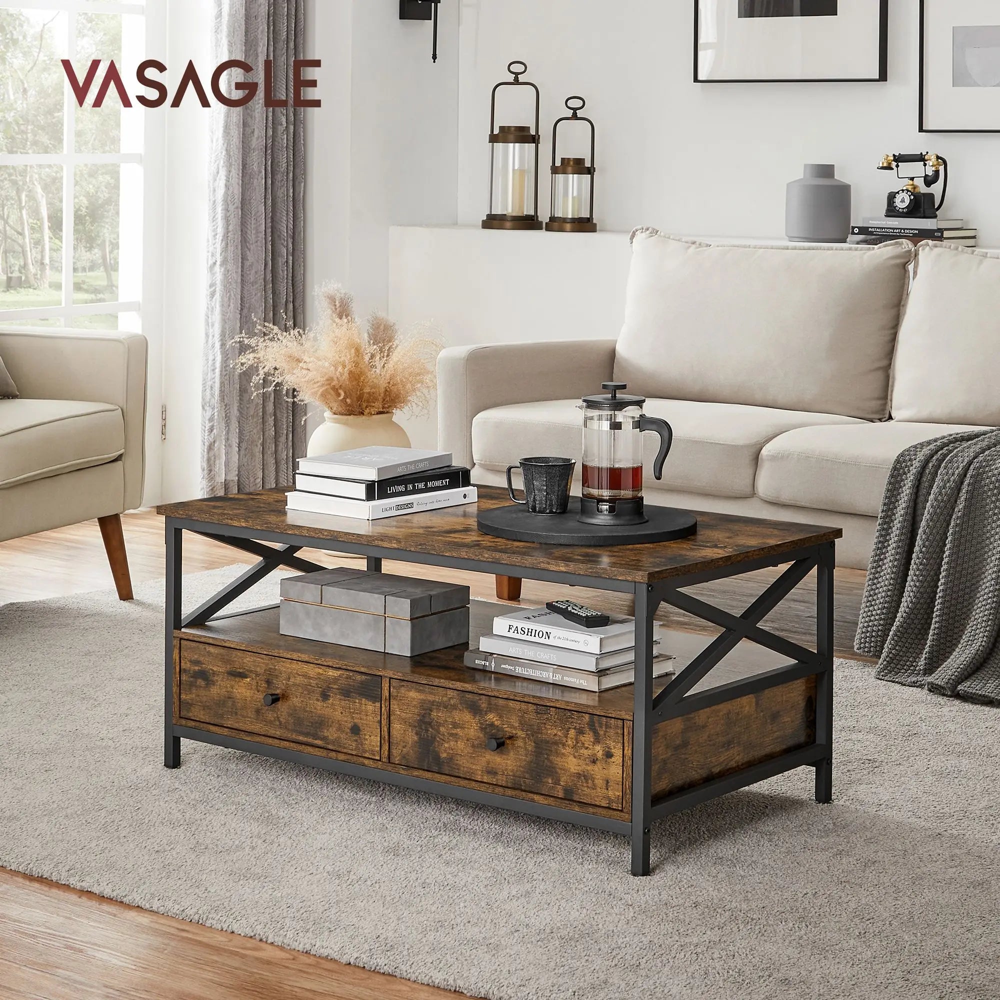 Table basse avec 2 tiroirs – Bois brun & métal noir