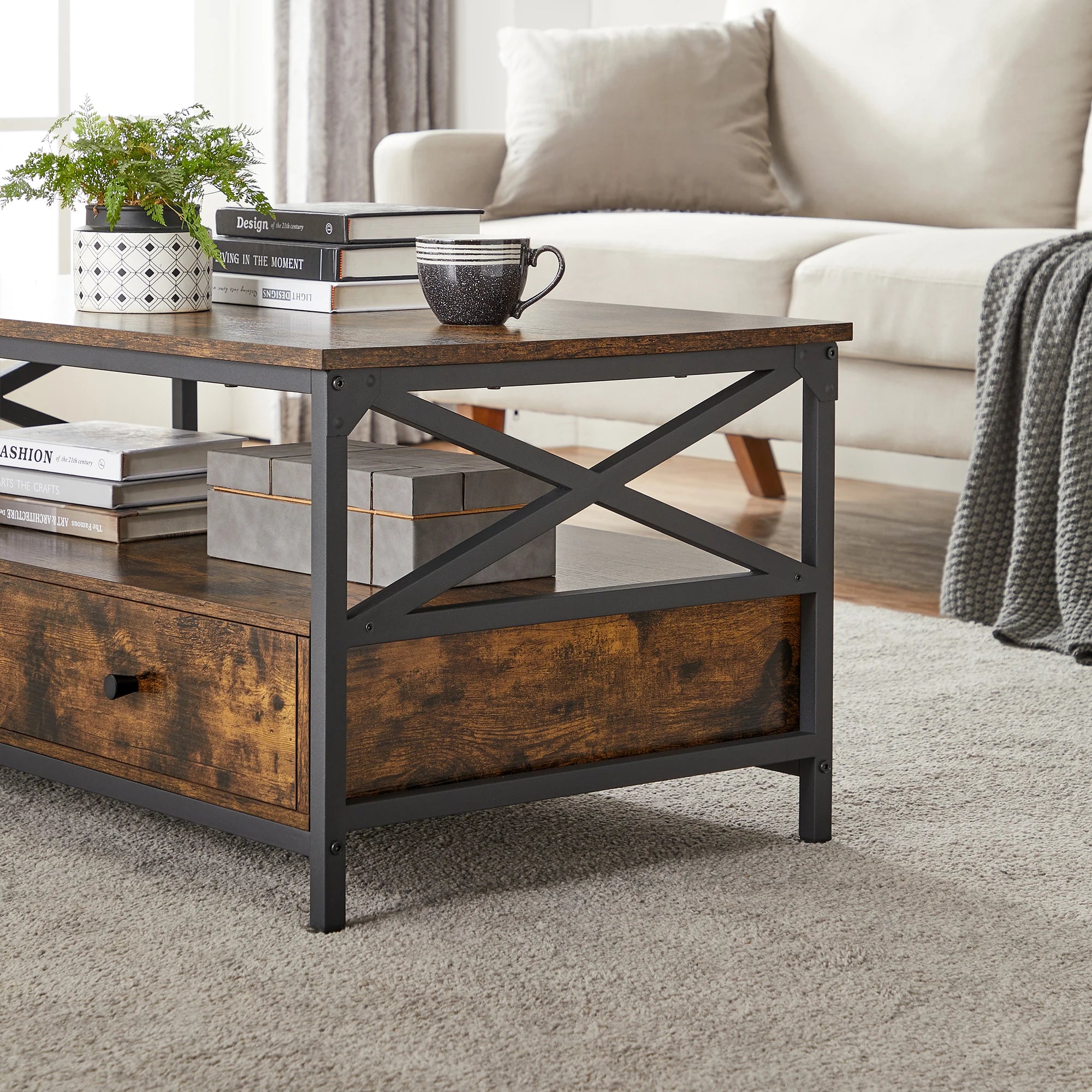 Table basse avec 2 tiroirs – Bois brun & métal noir