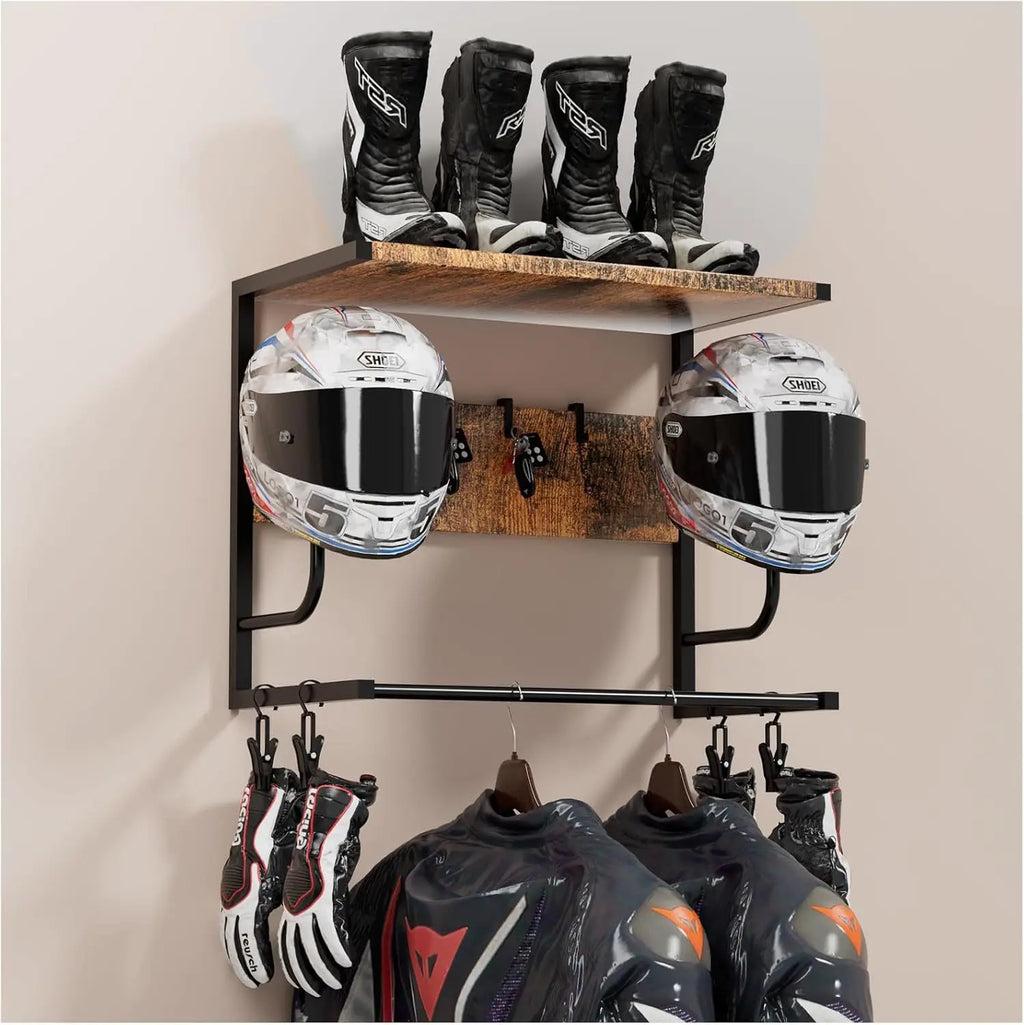 Support mural pour casque et équipement moto – Métal noir – vue d’ensemble