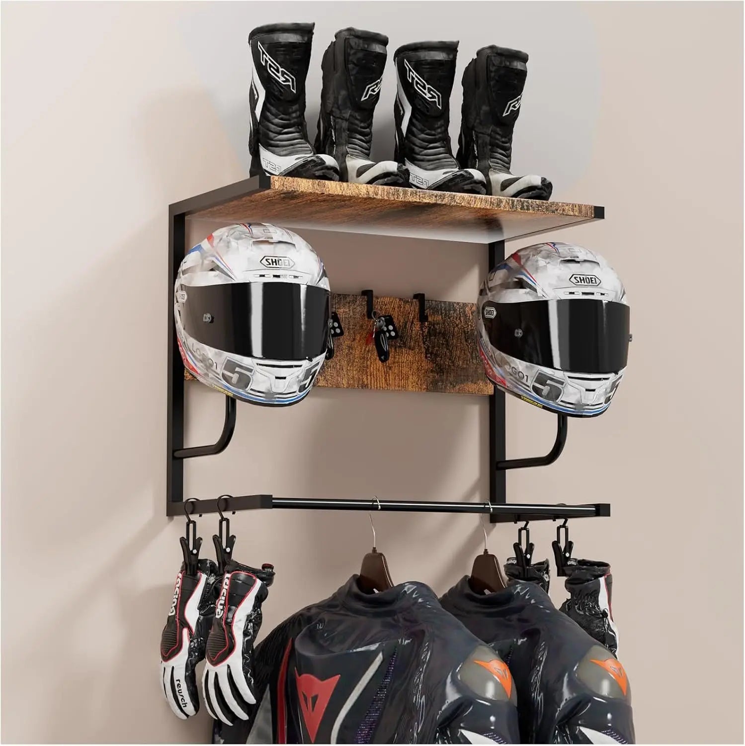 Support mural pour casque et équipement moto – Métal noir – vue d’ensemble
