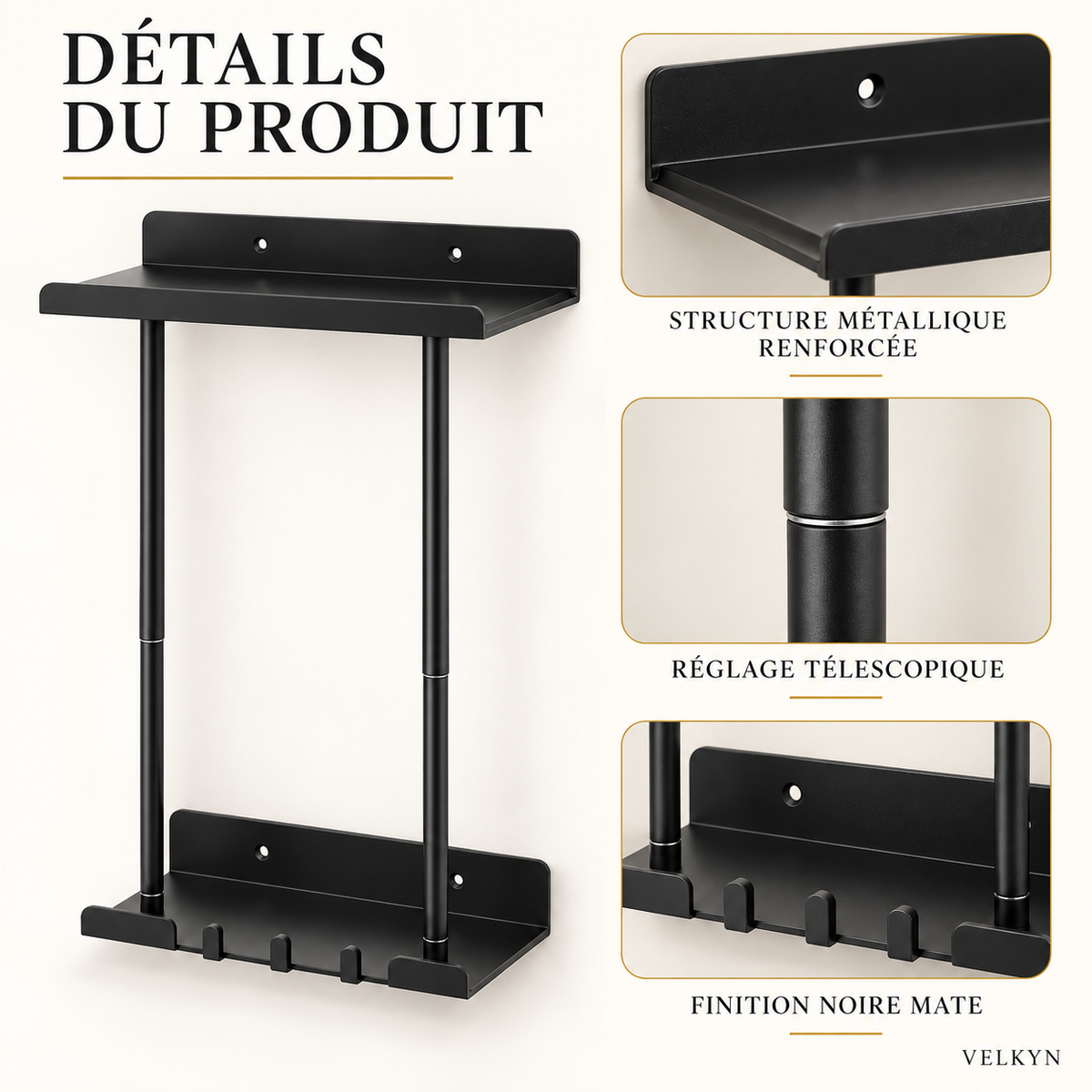 Porte-serviettes mural extensible – 40 à 75 cm