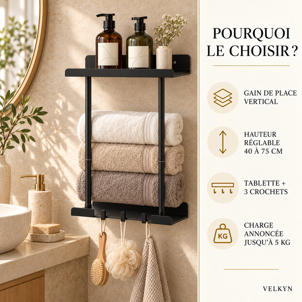 Porte-serviettes mural extensible – 40 à 75 cm