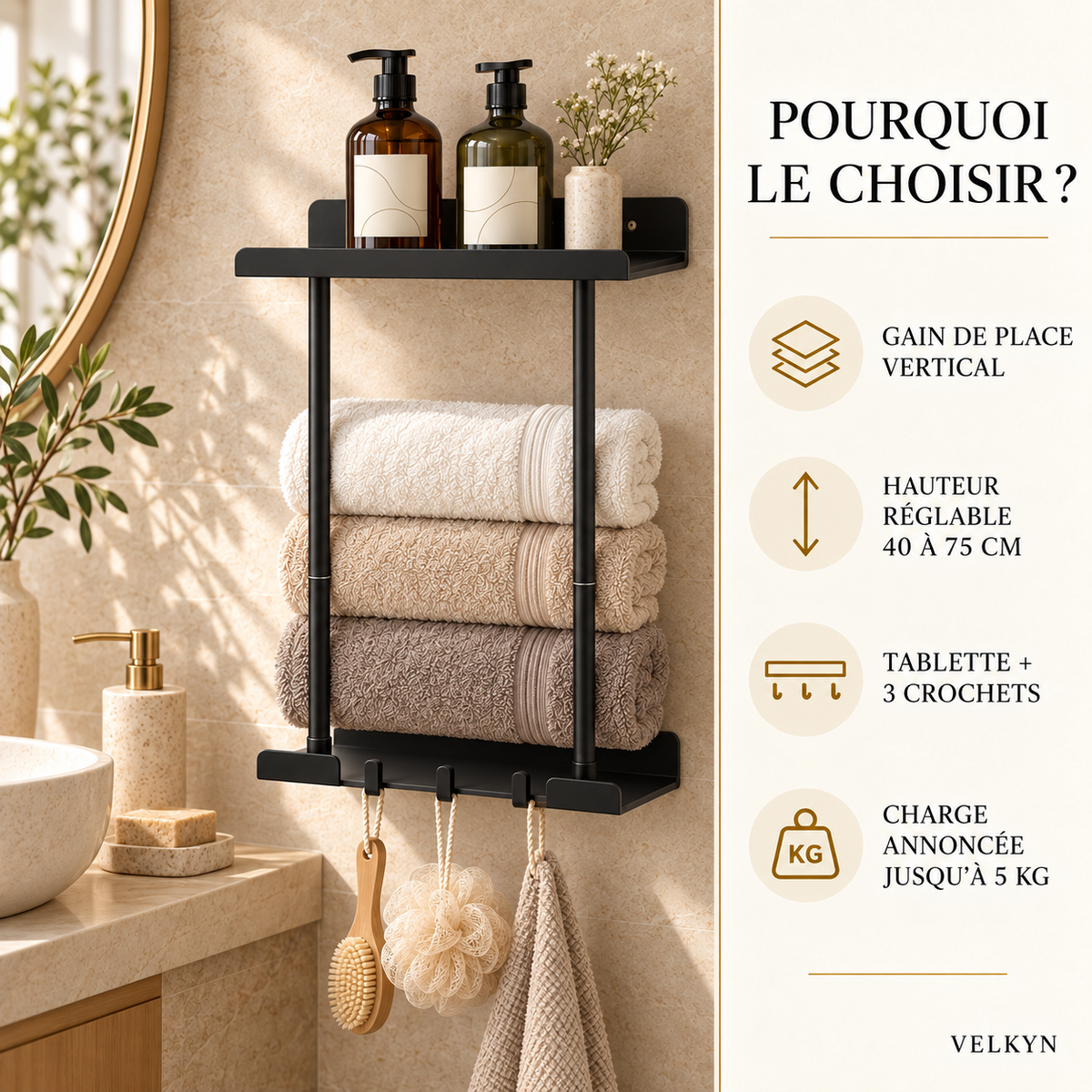 Porte-serviettes mural extensible – 40 à 75 cm