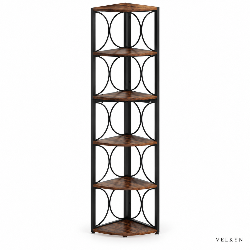 Bibliothèque d’angle 6 niveaux VELKYN — vue isométrique sur fond blanc