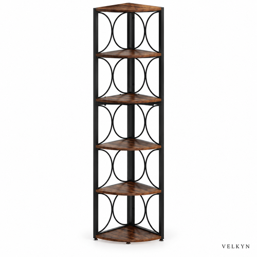 Bibliothèque d’angle 6 niveaux VELKYN — vue isométrique sur fond blanc