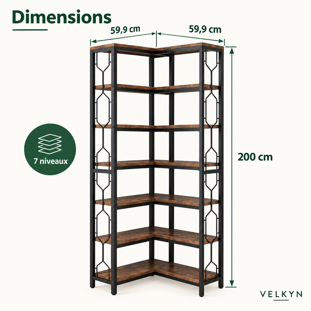 Bibliothèque d’angle 7 niveaux VELKYN — dimensions