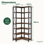 Bibliothèque d’angle 7 niveaux VELKYN — dimensions