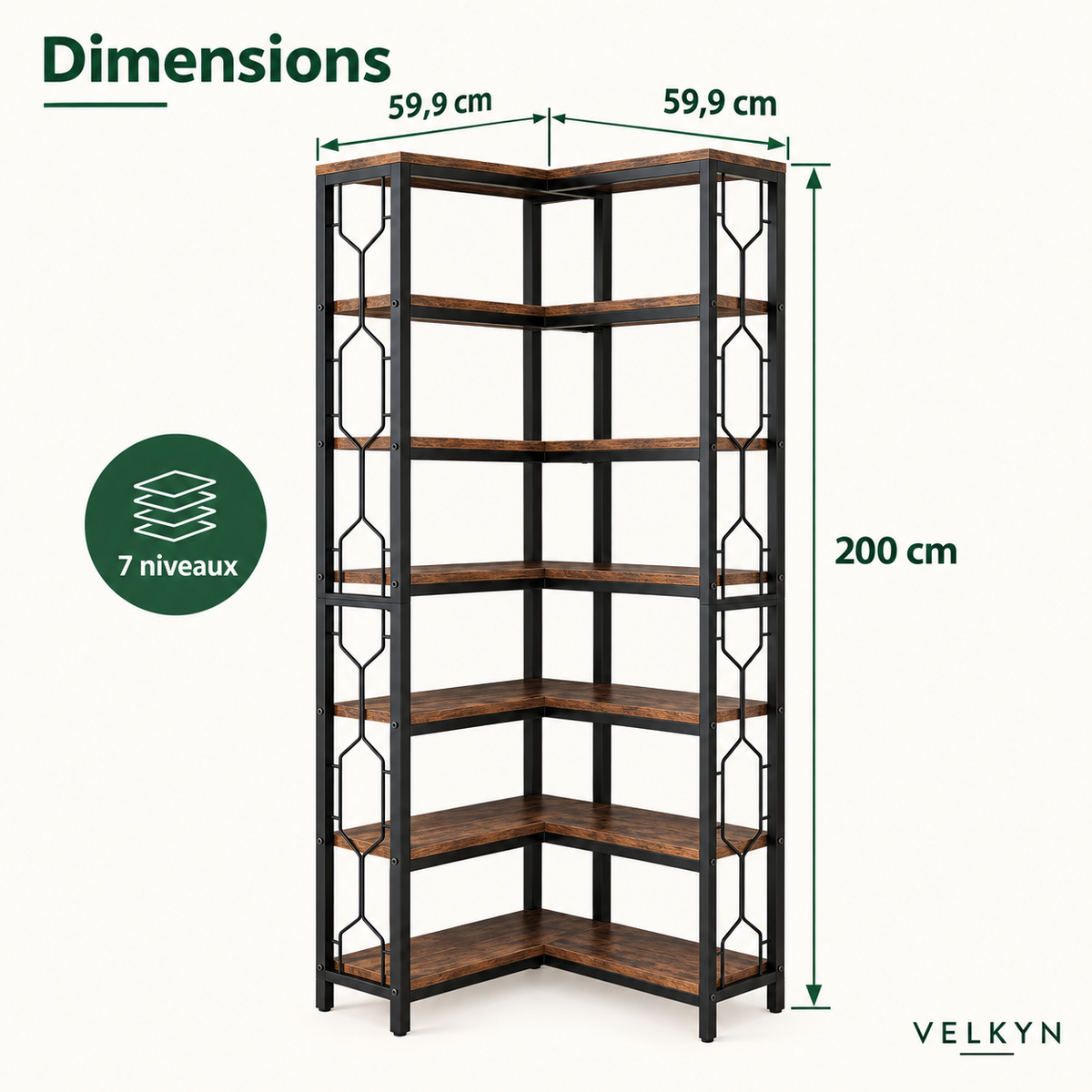 Bibliothèque d’angle 7 niveaux VELKYN — dimensions