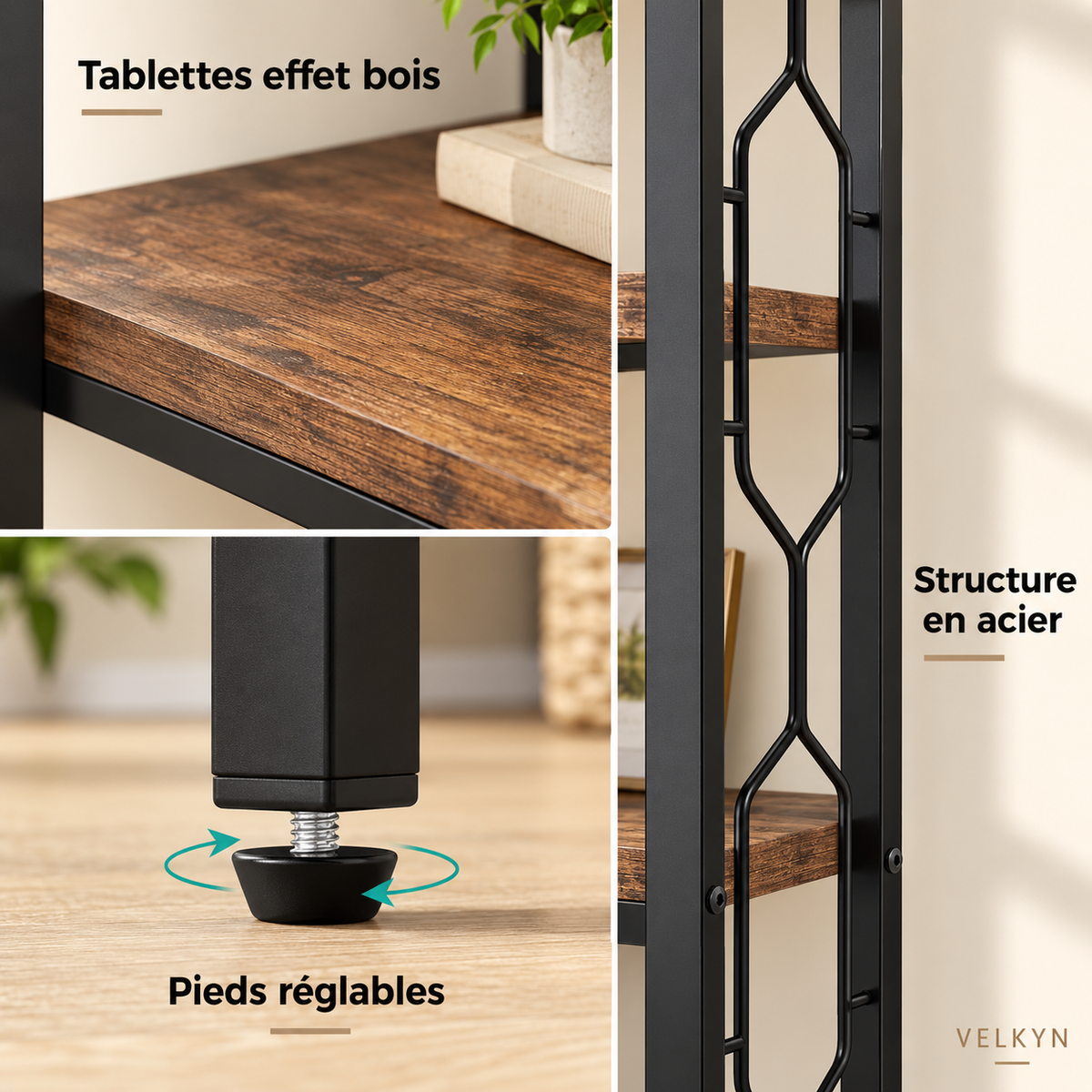 Bibliothèque d’angle 7 niveaux VELKYN — matières et détails
