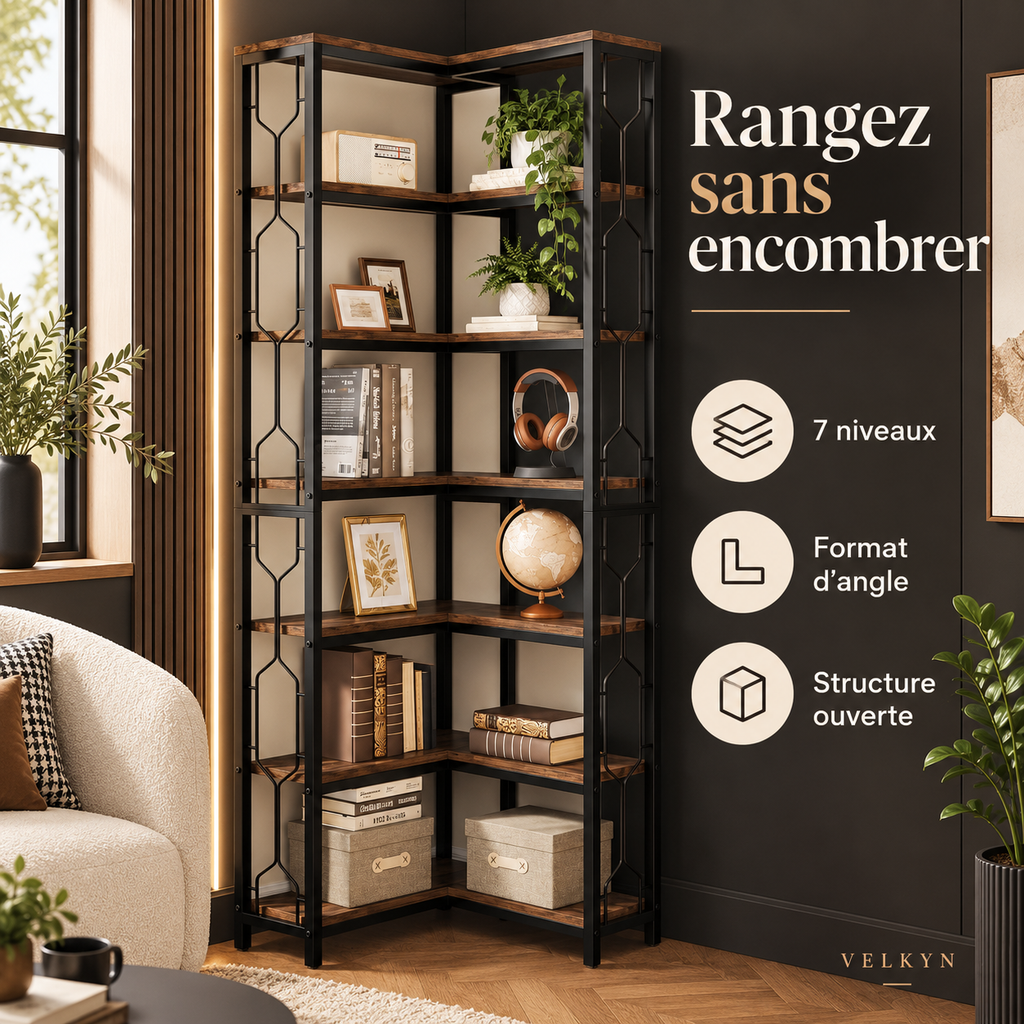Bibliothèque d’angle 7 niveaux VELKYN — bénéfices pratiques