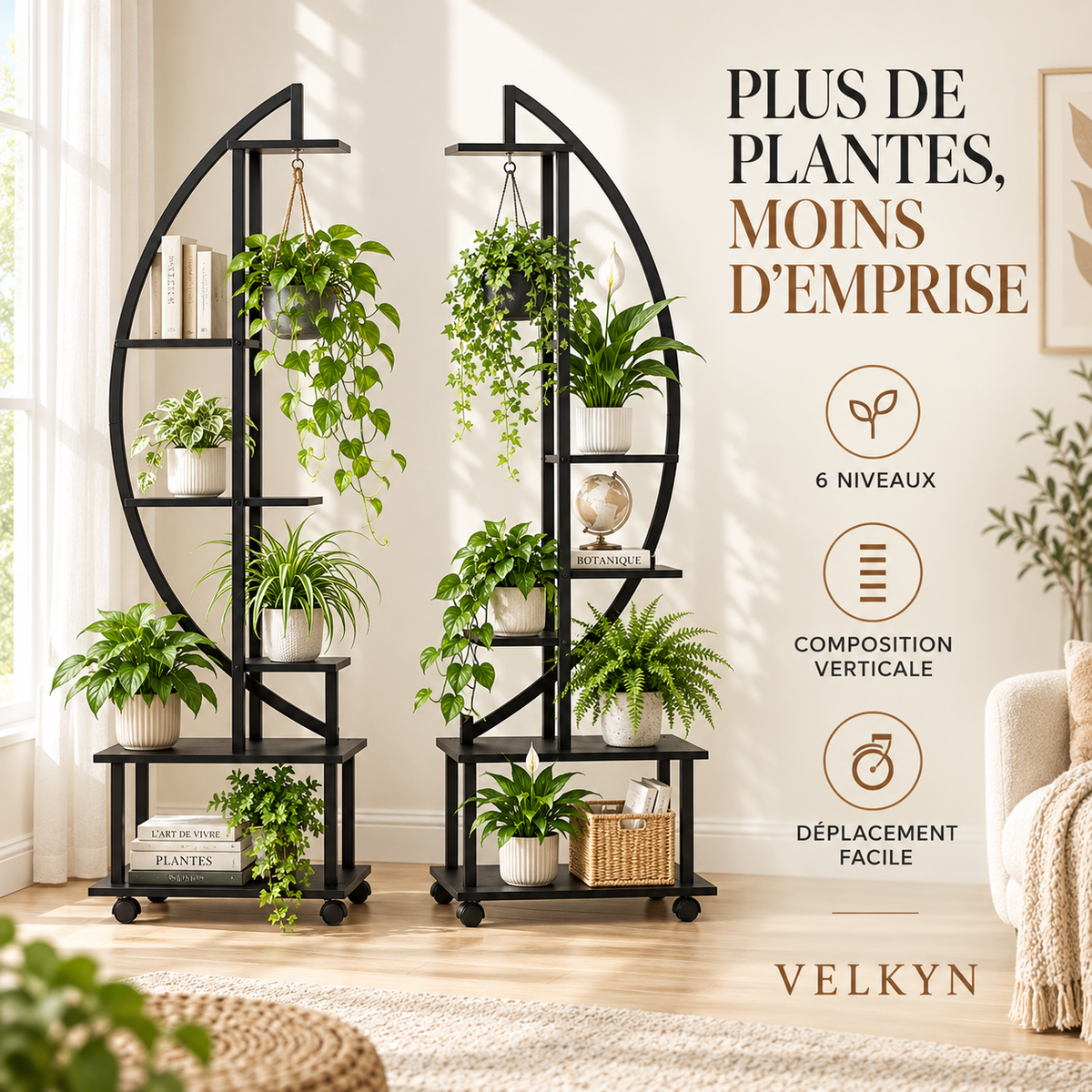 Étagère demi-lune – six niveaux, composition verticale et déplacement facile