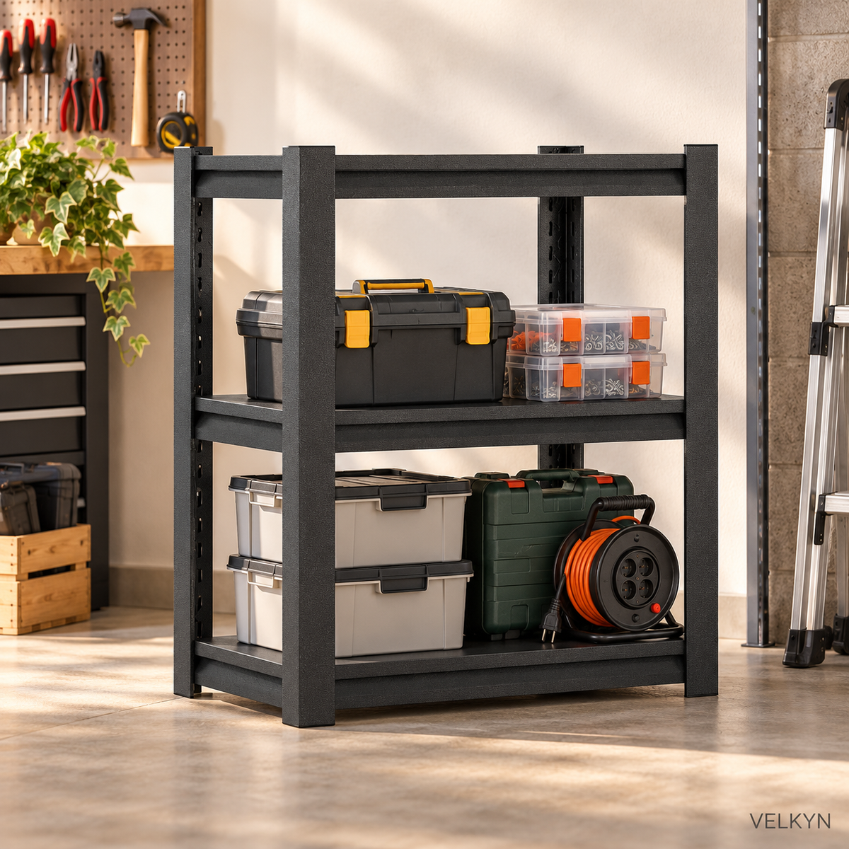 Étagère modulable noire – mise en situation dans un atelier