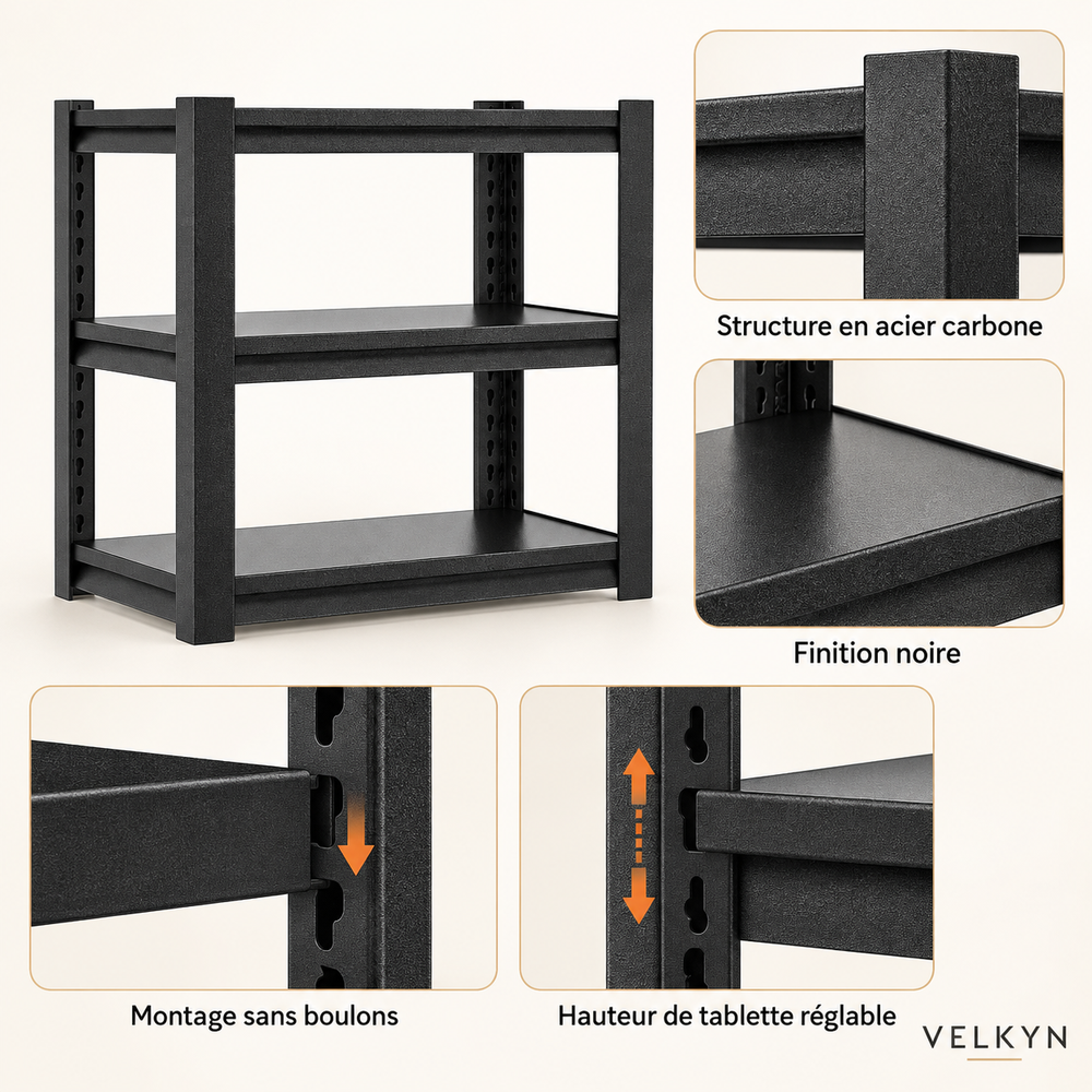 Étagère modulable – acier carbone et montage sans boulons