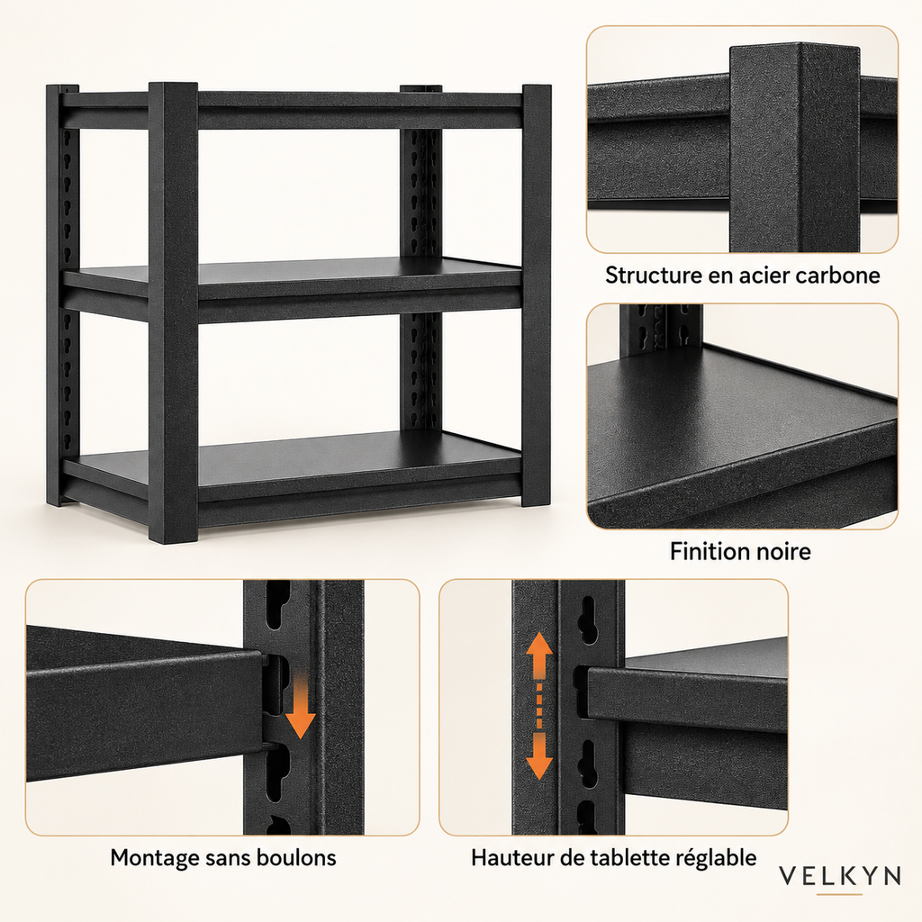 Étagère modulable – acier carbone et montage sans boulons