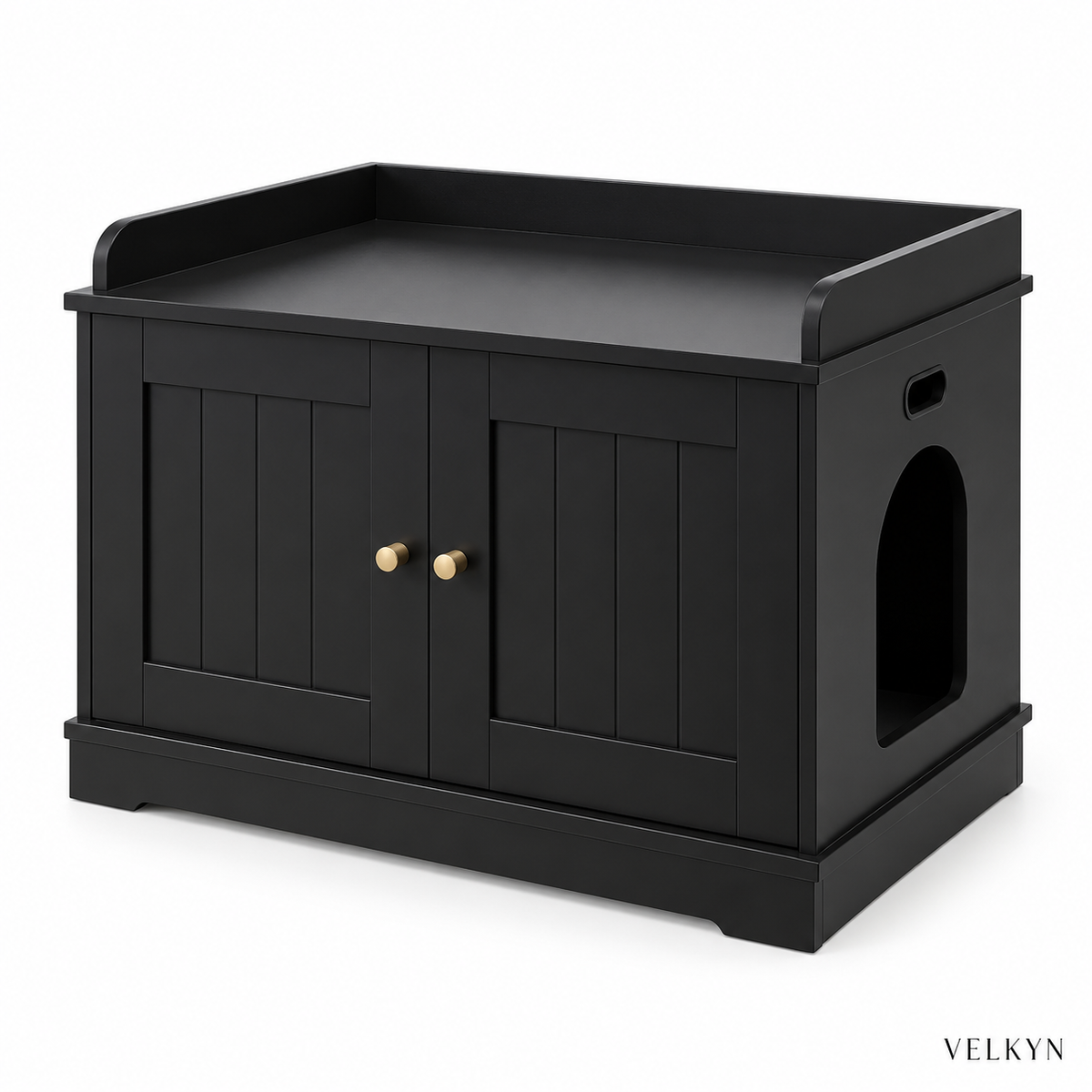 Meuble cache-litière VELKYN — vue isométrique sur fond blanc