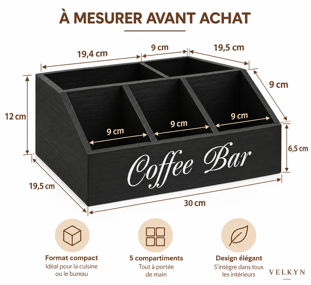Organiseur pour coin café – Bois, 5 compartiments