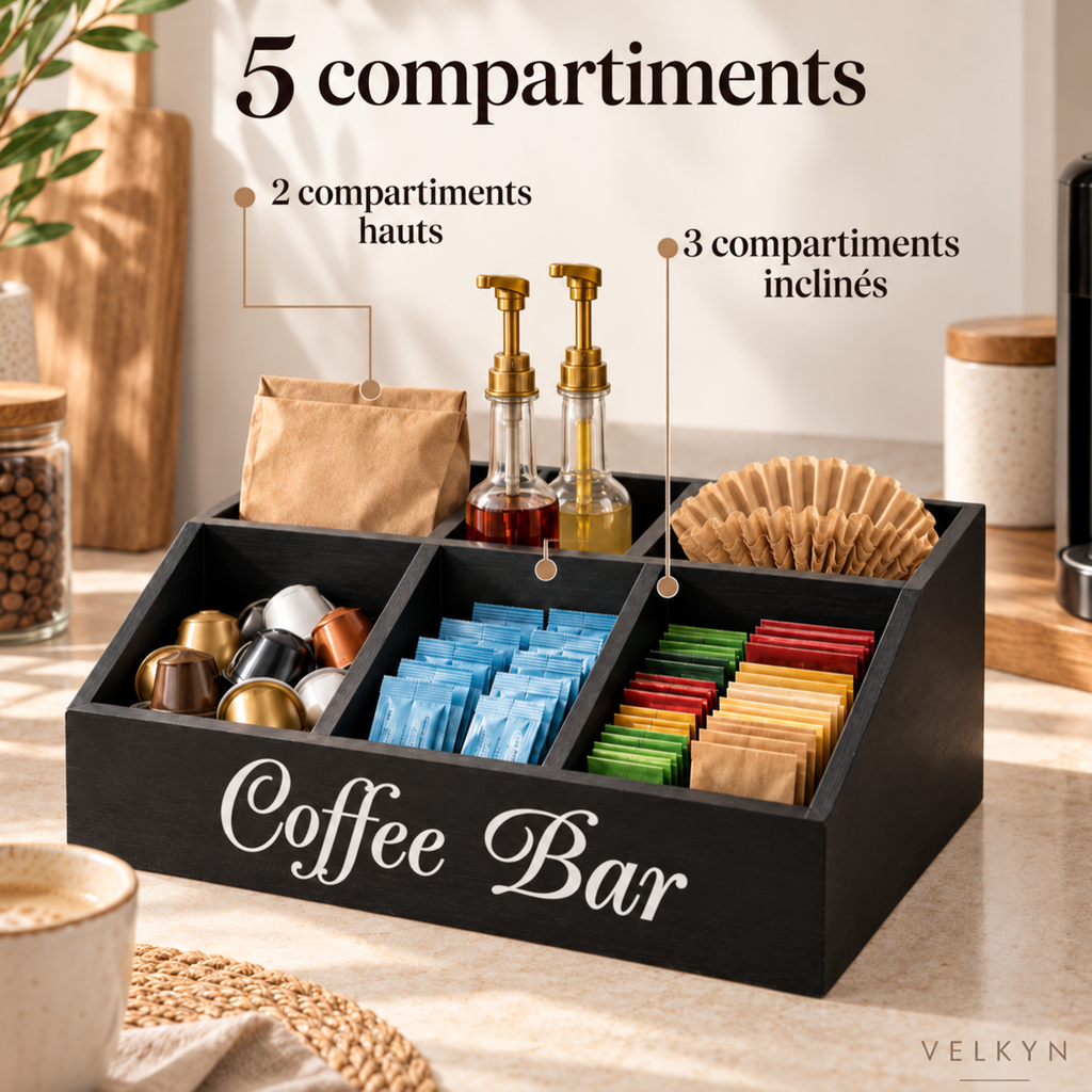 Organiseur pour coin café – Bois, 5 compartiments