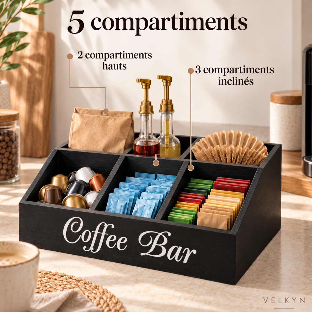 Organiseur pour coin café – Bois, 5 compartiments