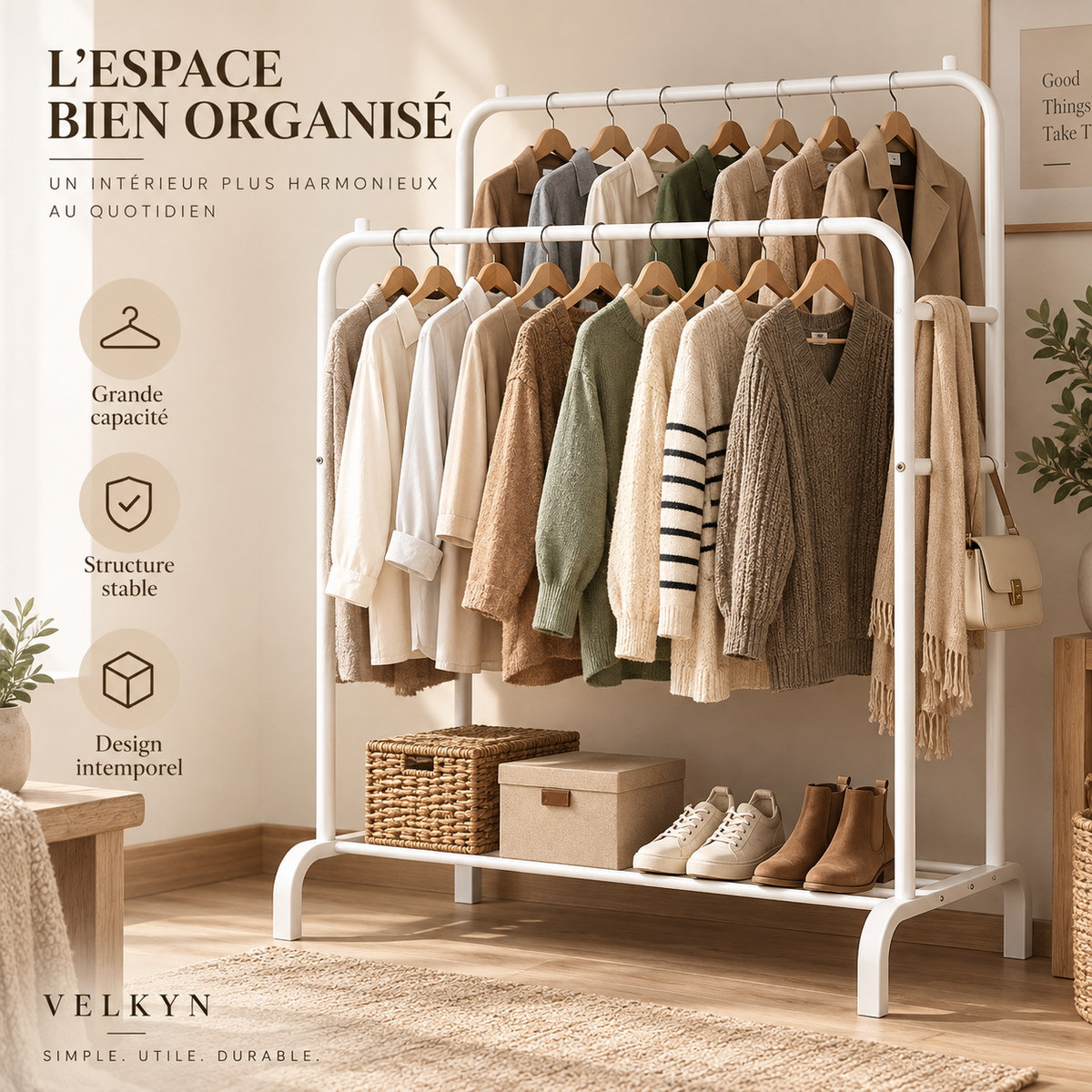 Portant double avec étagère à chaussures – Métal noir