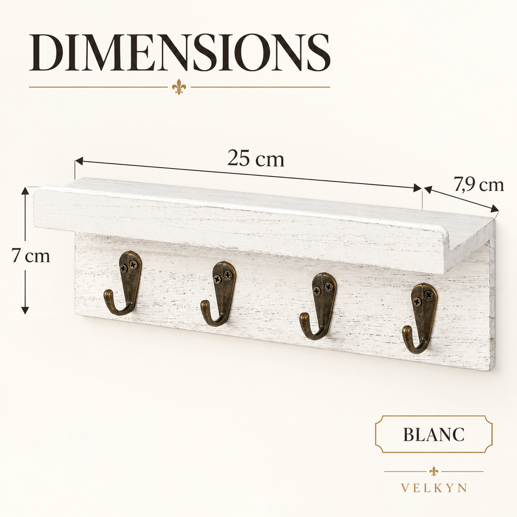 Porte-clés mural blanc – dimensions 25 × 7,9 × 7 cm