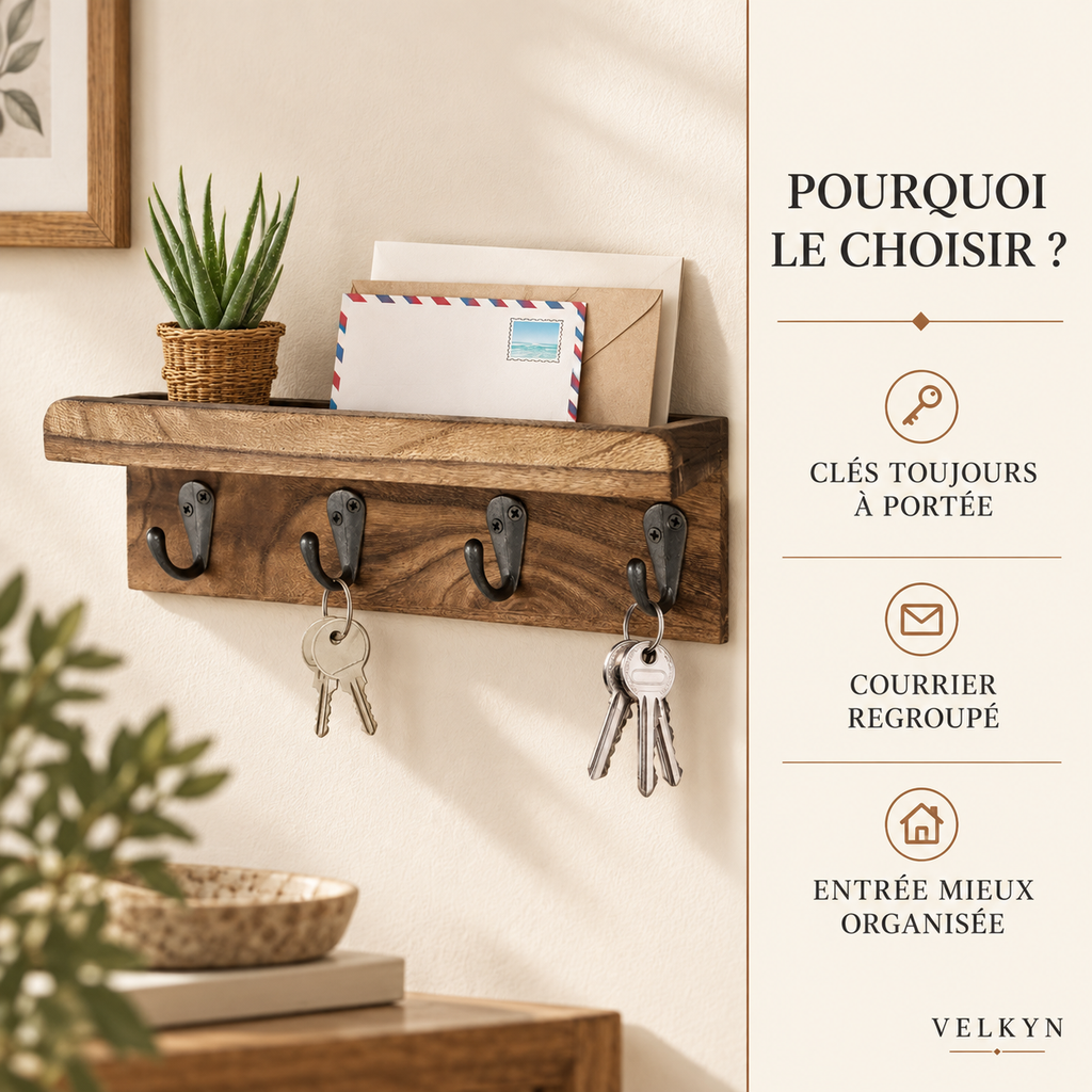 Porte-clés mural en bois brut – clés et courrier regroupés