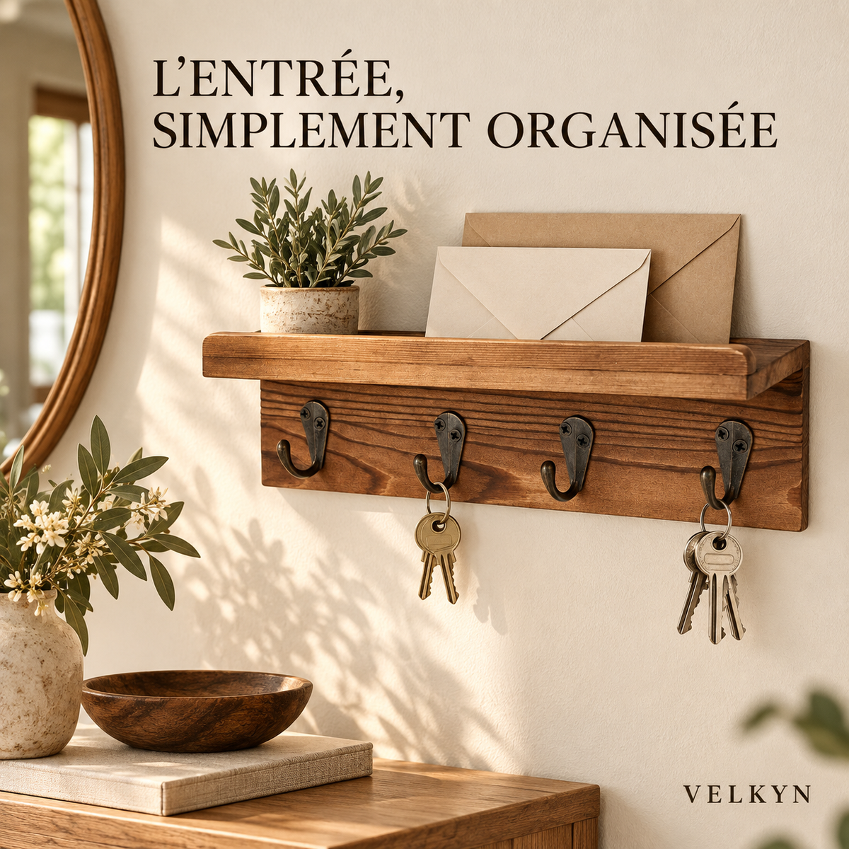 Porte-clés mural brun avec rangement courrier dans une entrée