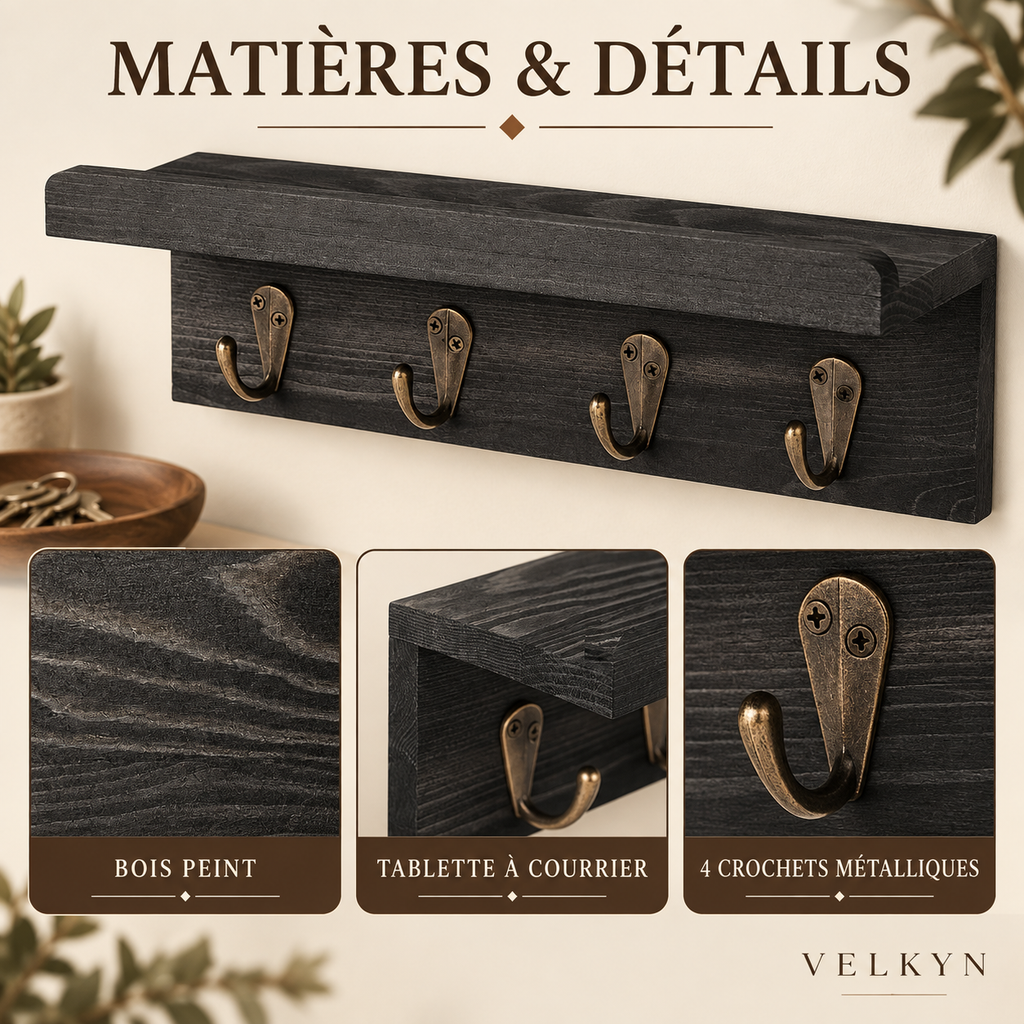 Porte-clés mural noir – bois peint, tablette et quatre crochets