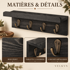 Porte-clés mural noir – bois peint, tablette et quatre crochets