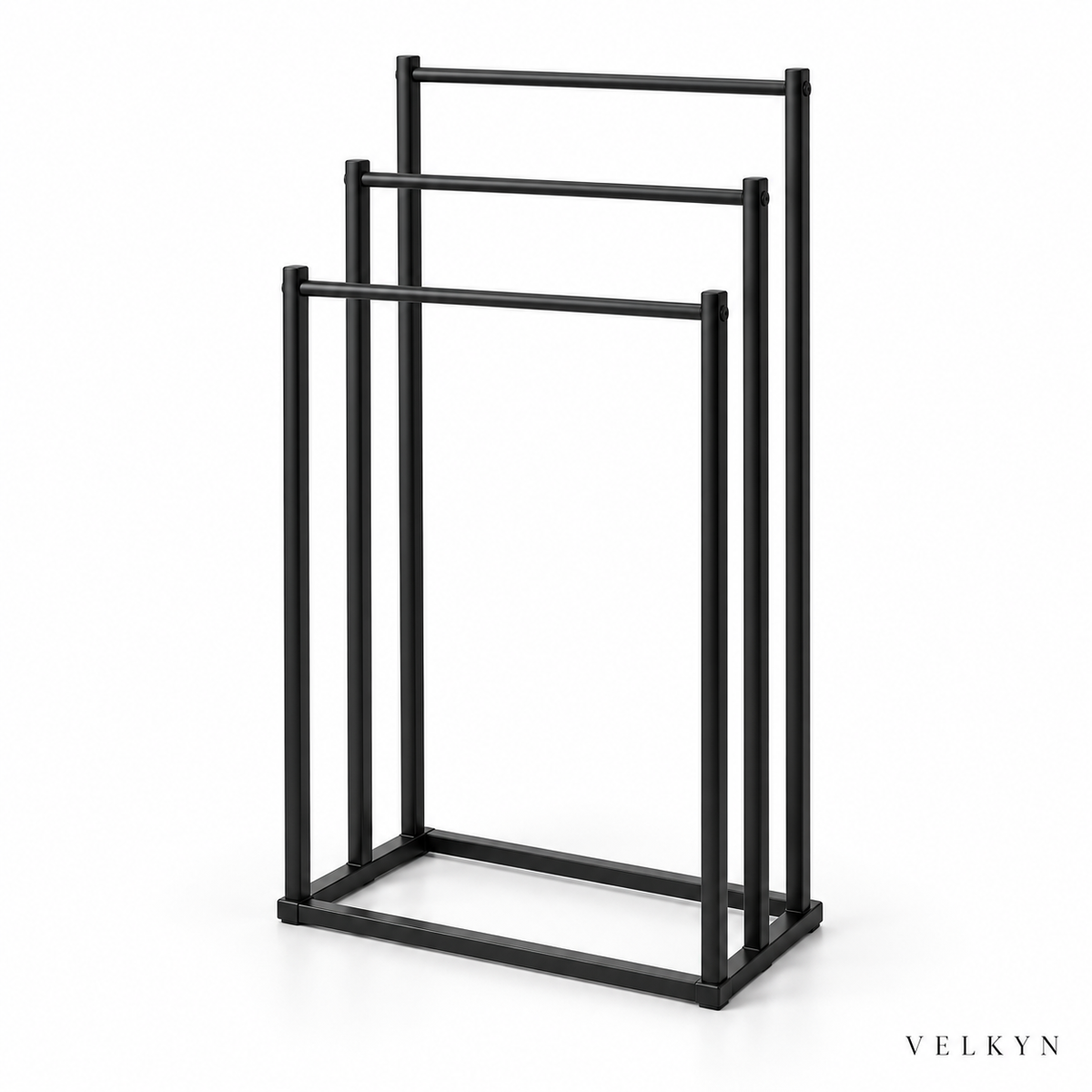 Porte-serviettes sur pied noir à trois niveaux – vue isométrique Velkyn