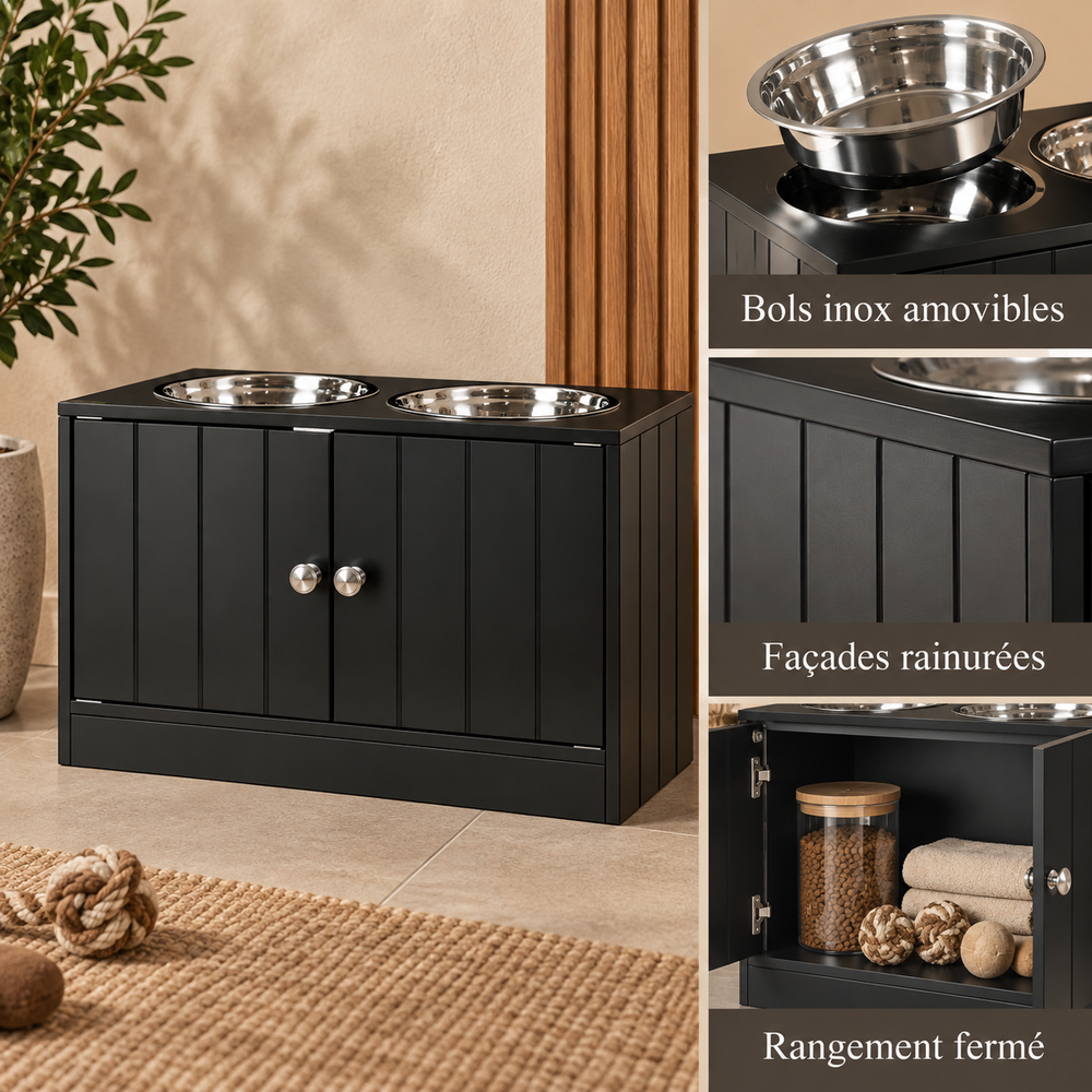 Détails des bols inox et du rangement VELKYN