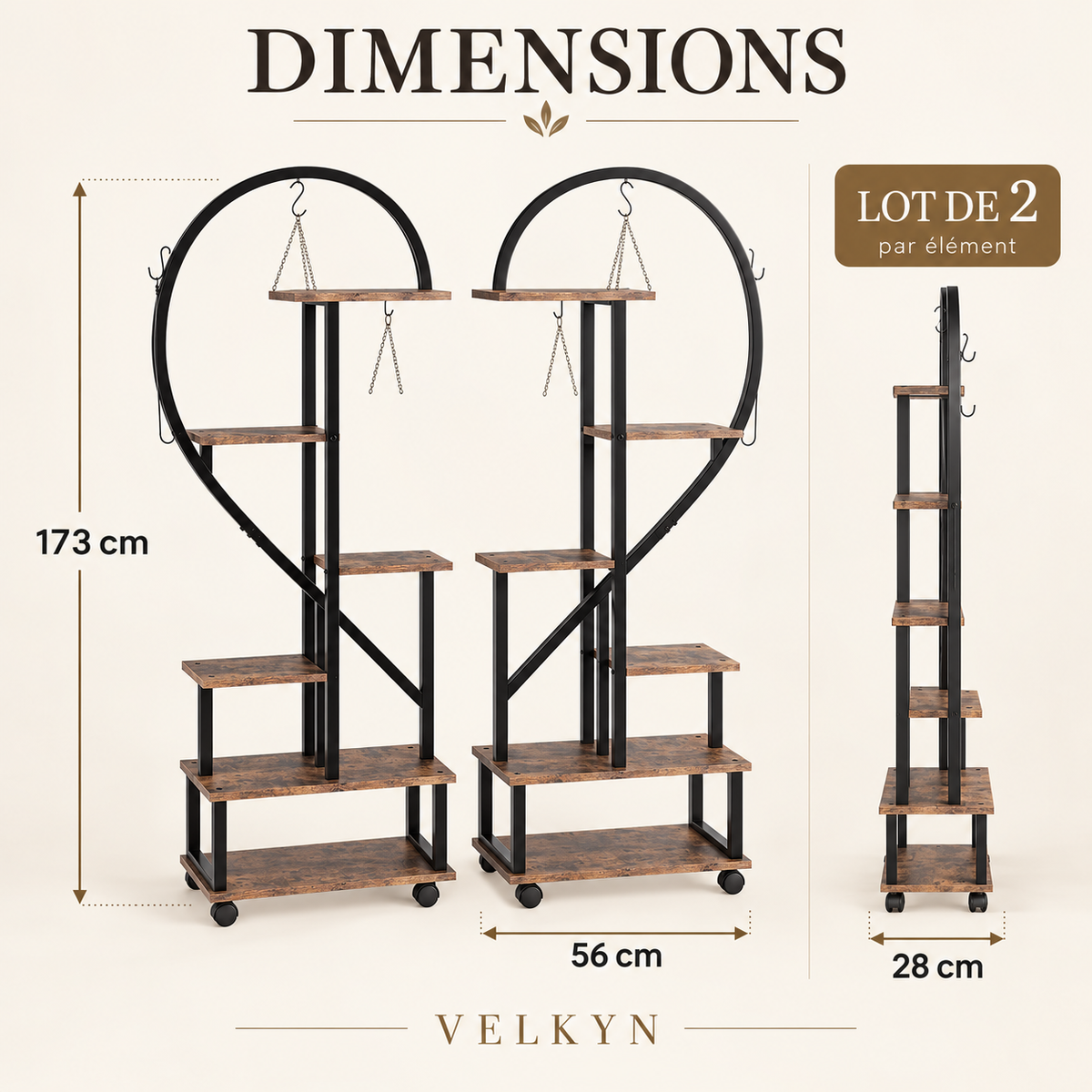Supports pour plantes Cœur – dimensions 173 × 56 × 28 cm par élément