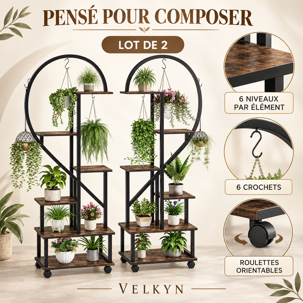Supports pour plantes Cœur – lot de 2, six niveaux et roulettes