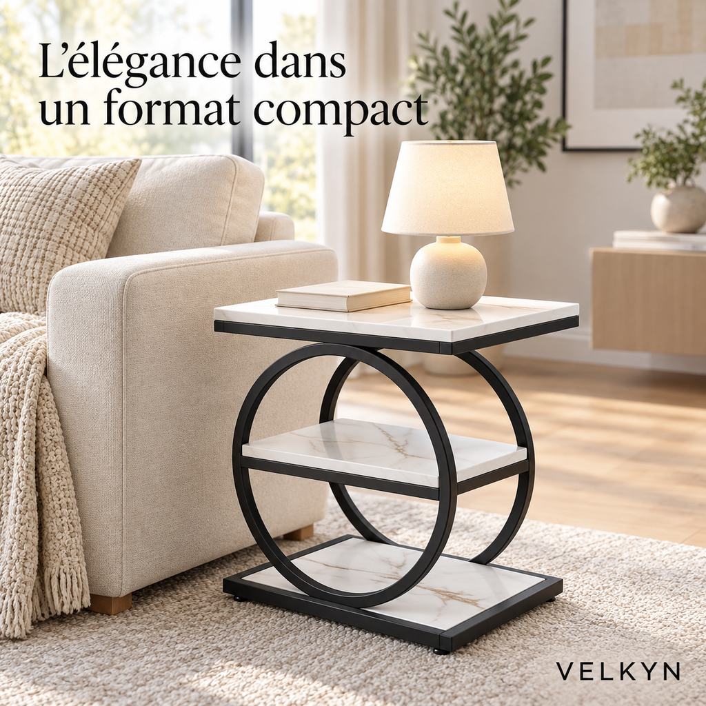 Table à cadre circulaire blanche VELKYN — mise en situation