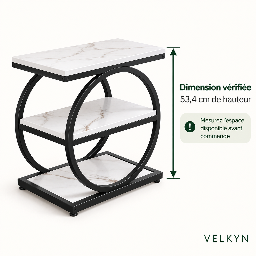 Table à cadre circulaire blanche VELKYN — hauteur vérifiée