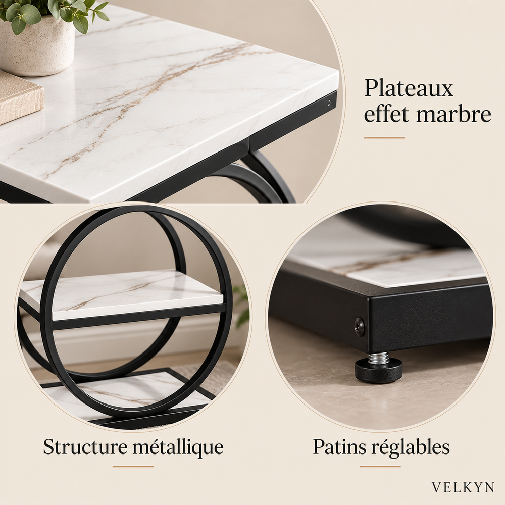 Table à cadre circulaire blanche VELKYN — matières et détails