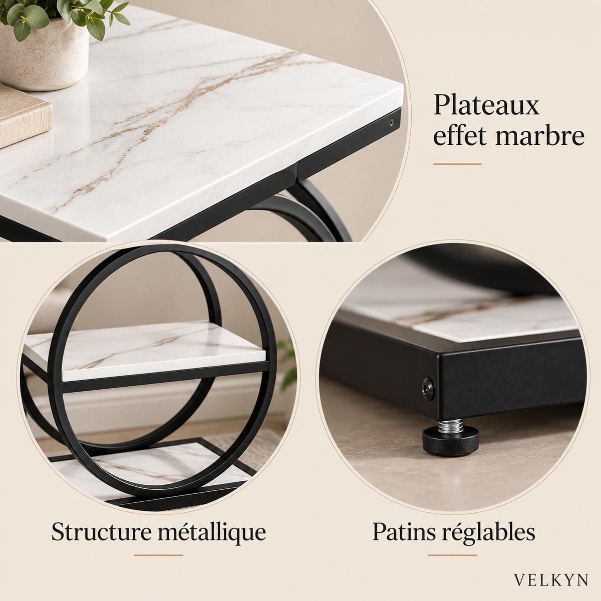 Table à cadre circulaire blanche VELKYN — matières et détails